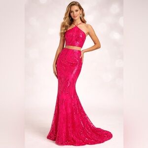 NWT Madison James 19128 2pc Halter Neck Sequin Prom Gown Fuchsia Pink sz 4